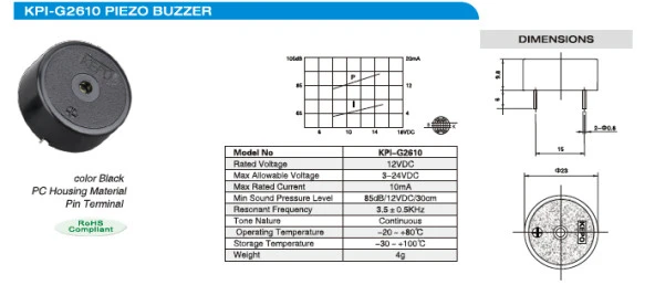 KPI-G2610 Devreli Buzzer 22mm - 12V 10mA - 85dB - Resim 2