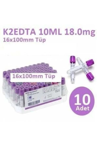 100 Adet Kan Alma Tüpü, Mor Kapak, K2E K2EDTA 10ml 18mg 16x100mm, Bd Vacutainer