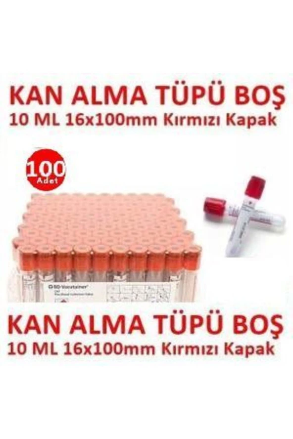 100 Adet Kan Alma Tüpü, Kırmızı Kapak, Serum Tüpü 10ml 16x100mm, Bd Vacutainer