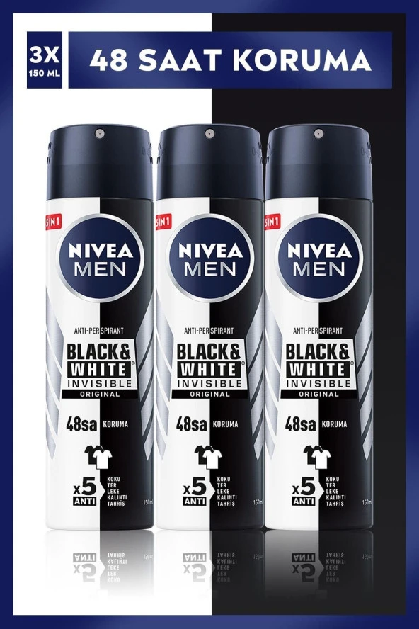 Nivea MEN Erkek Sprey Deodorant Black&White Invisible Original 150mlx3adet,48 Saat Anti-perspirant Koruma