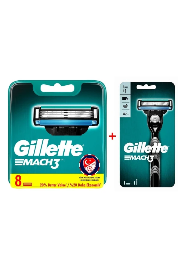 Gillette Mach3 Yedek Tıraş Bıçağı 8'li + Mach3 Tıraş Makinesi 1 Yedekli