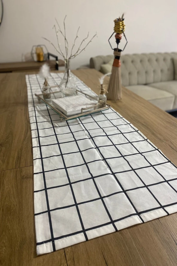 40x150 Siyah Beyaz Kareli İnce Keten Dekoratif Runner - 2