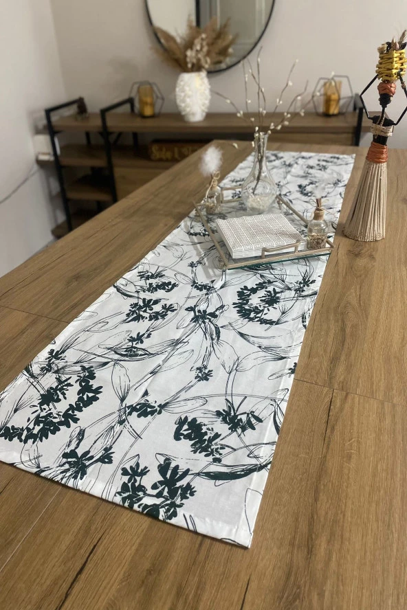 40x150 Yeşil Çiçekli İnce Keten Dekoratif Runner - 3