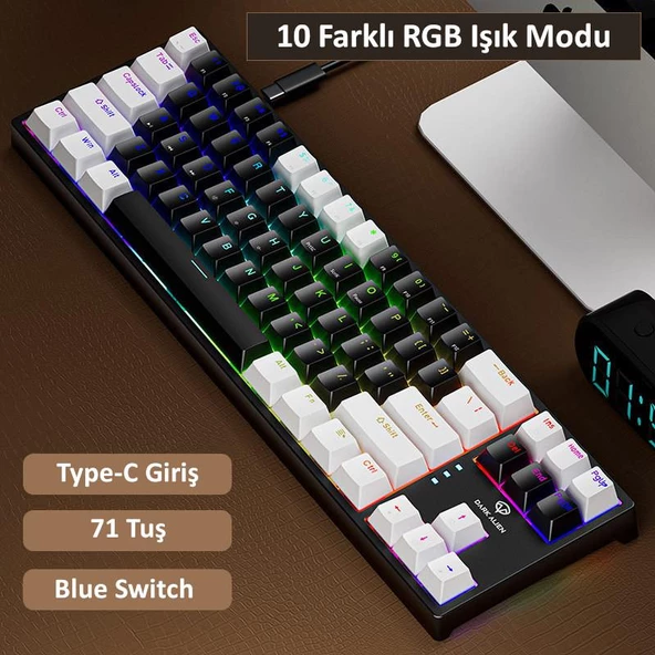Valkyrie Blue Switch Dark Alien K710 71 Tuş RGB Gaming Klavye - Mekanik Mavi Tuş Type-C  - 2 Kademe Yükseklik BeyazSiyah - 2