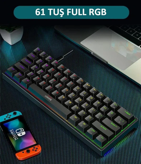 Valkyrie Leaven K620 Blue Switch Mekanik Gaming Oyun Klavyesi RGB 61 Key Mavi Tuş Type-C Klavye Siyah - 7
