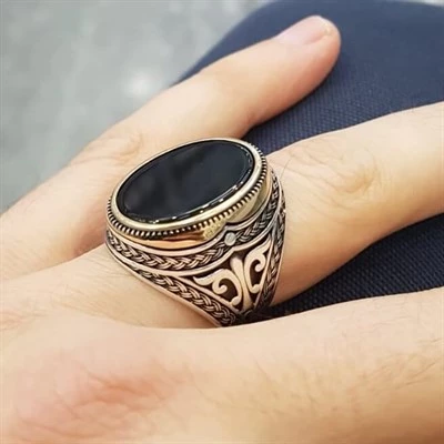 Gümüş Oval Oniks Taşlı Erkek Yüzük - 5