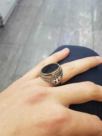 Gümüş Oval Oniks Taşlı Erkek Yüzük - 2