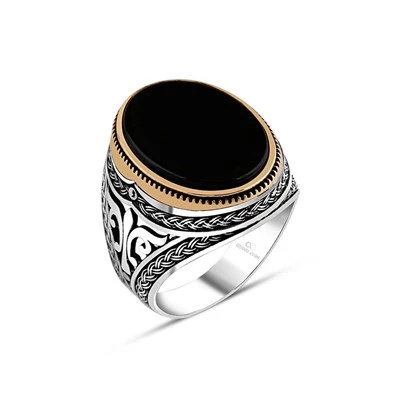 Gümüş Oval Oniks Taşlı Erkek Yüzük - 4