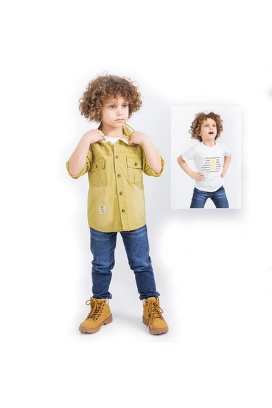 Life For Moda Erkek Çocuk Kapüşonlu Keten Gömlekli 3'lü Kot Pantolonlu Takım - 2