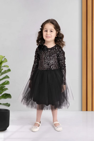 Pul Payetli Tütü Etekli Uzun Kol Kız Çocuk Elbise MNK0577 - Resim 3