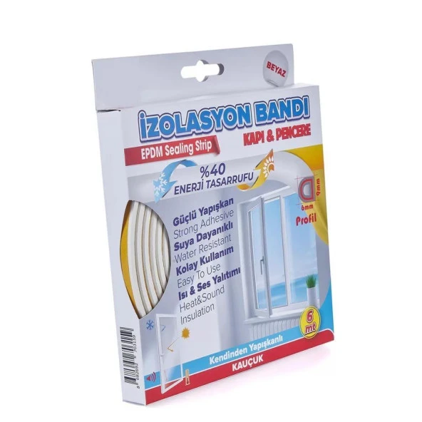 Kapı Pencere İzolasyon Rüzgar Fitili - Bandı Beyaz 9 mm X 6 Metre