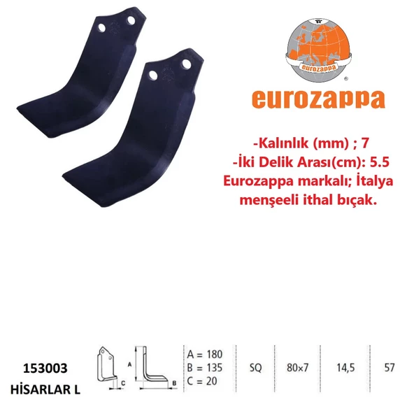 Eurozappa Rotovatör Standart L Tipi Alabora Bıçak İthal-2 Adet - 2