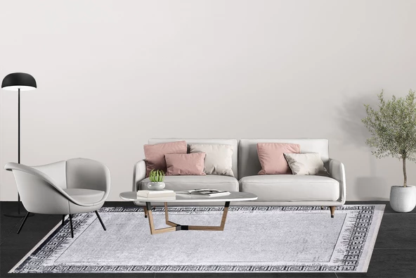 Modern Gri Çerçeveli Dijital Baskı Hipoalerjenik Kaymaz Taban Halı Yolluk HA118 - 4