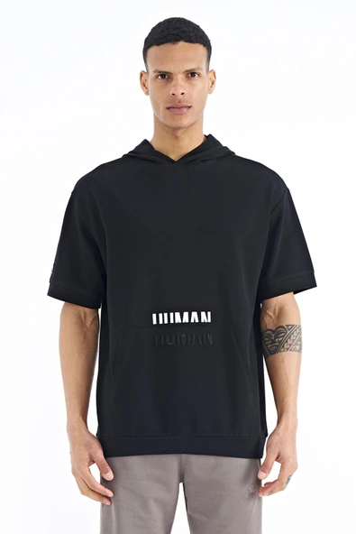Siyah Kanguru Cepli Yazı Nakışlı Kapüşonlu Erkek T-Shirt - 88195 - 2