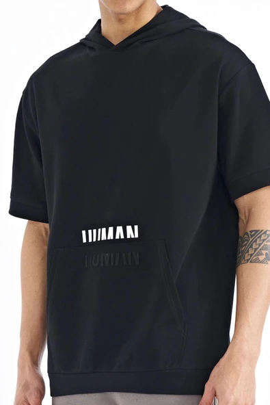 Siyah Kanguru Cepli Yazı Nakışlı Kapüşonlu Erkek T-Shirt - 88195 - 6