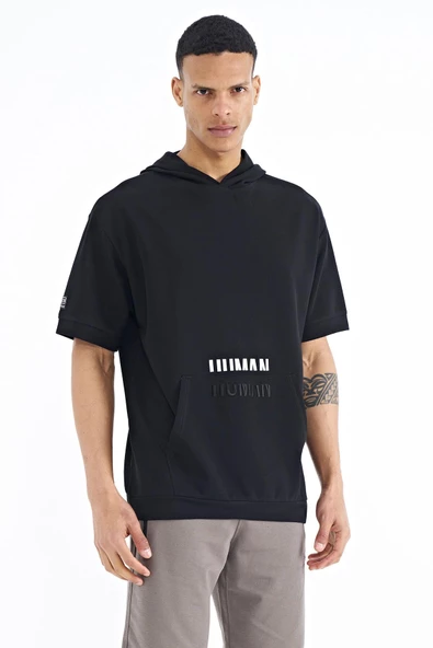 Siyah Kanguru Cepli Yazı Nakışlı Kapüşonlu Erkek T-Shirt - 88195 - 4