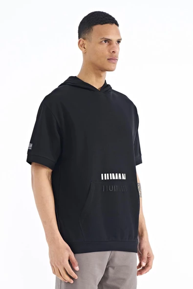 Siyah Kanguru Cepli Yazı Nakışlı Kapüşonlu Erkek T-Shirt - 88195 - 3
