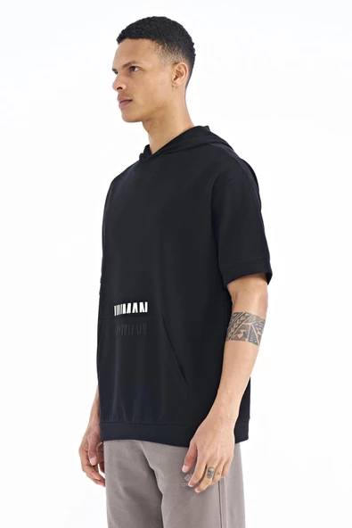 Siyah Kanguru Cepli Yazı Nakışlı Kapüşonlu Erkek T-Shirt - 88195 - 5