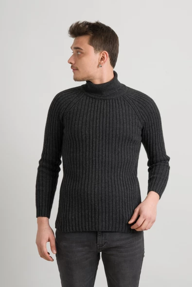 Slimfit Kendinden Çizgili Tam Balıkçı Pamuklu Kalın Triko Erkek Kazak - 6