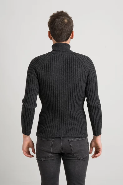 Slimfit Kendinden Çizgili Tam Balıkçı Pamuklu Kalın Triko Erkek Kazak - 7