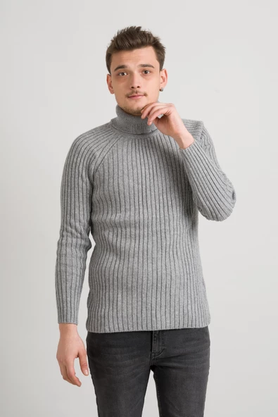 Slimfit Kendinden Çizgili Tam Balıkçı Pamuklu Kalın Triko Erkek Kazak - 10