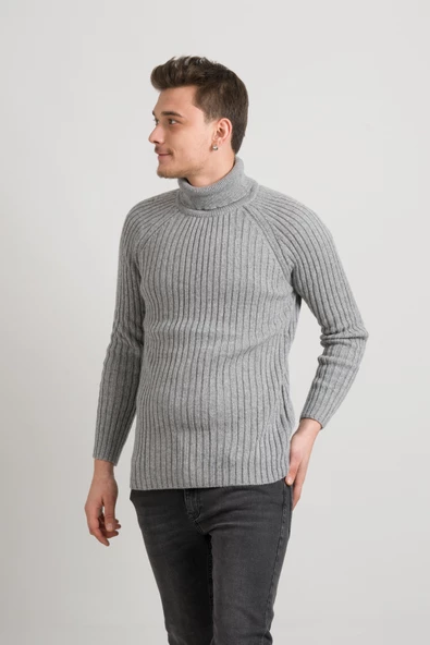 Slimfit Kendinden Çizgili Tam Balıkçı Pamuklu Kalın Triko Erkek Kazak - 9