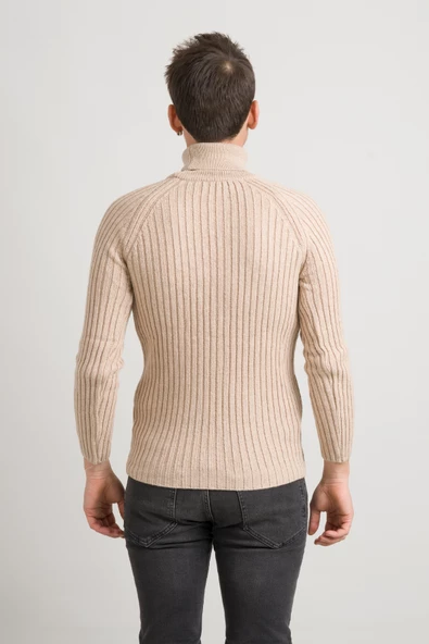 Slimfit Kendinden Çizgili Tam Balıkçı Pamuklu Kalın Triko Erkek Kazak - 3