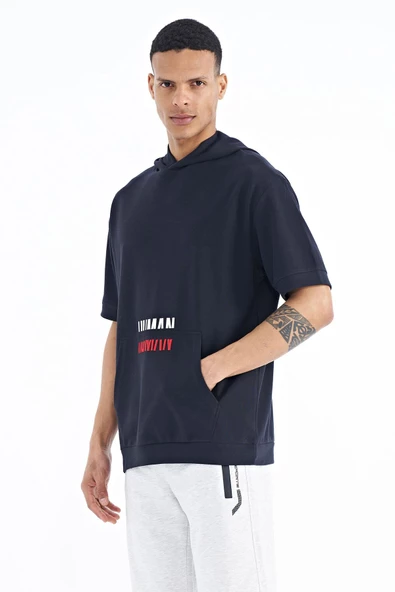 Lacivert Kanguru Cepli Yazı Nakışlı Kapüşonlu Erkek T-Shirt - 88195 - 5