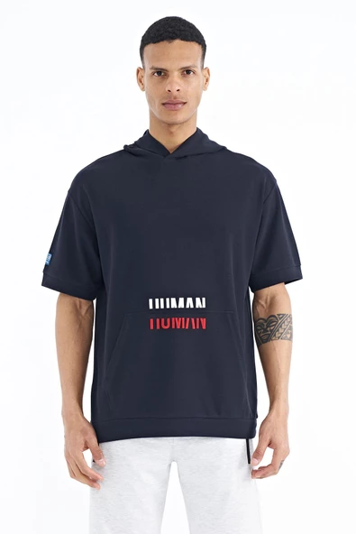 Lacivert Kanguru Cepli Yazı Nakışlı Kapüşonlu Erkek T-Shirt - 88195 - 2