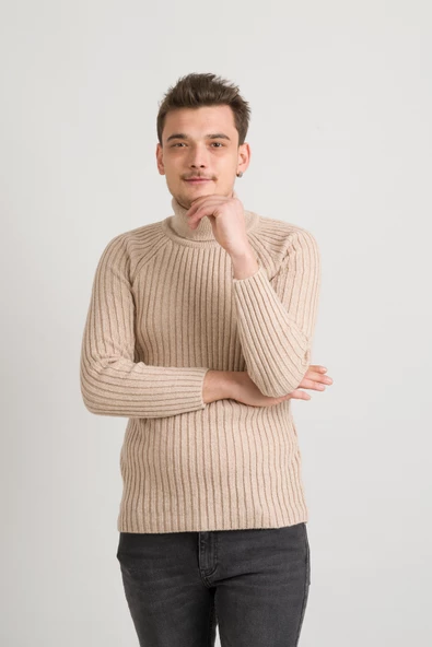 Slimfit Kendinden Çizgili Tam Balıkçı Pamuklu Kalın Triko Erkek Kazak - 2