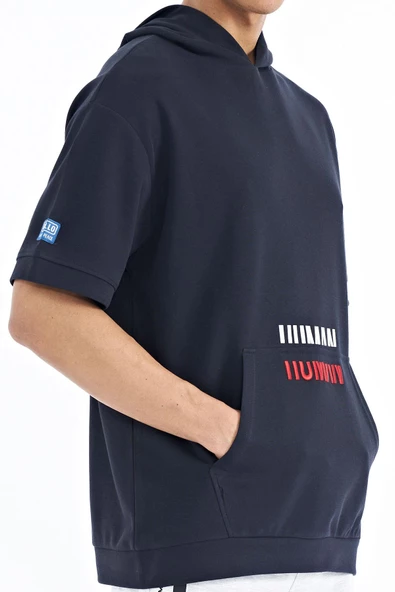 Lacivert Kanguru Cepli Yazı Nakışlı Kapüşonlu Erkek T-Shirt - 88195 - 4