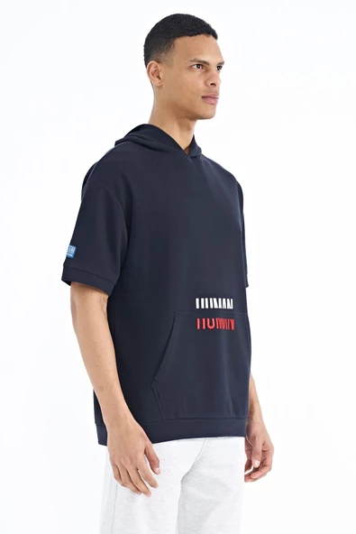 Lacivert Kanguru Cepli Yazı Nakışlı Kapüşonlu Erkek T-Shirt - 88195 - 3