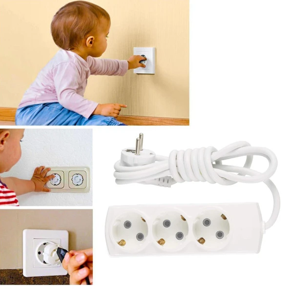 Çoçuk Korumalı Kablolu 3'lü Topraklı Grup Priz Çoğaltıcı 3 Metre Çoklu Uzatma Kablosu Anahtarsız - Resim 4