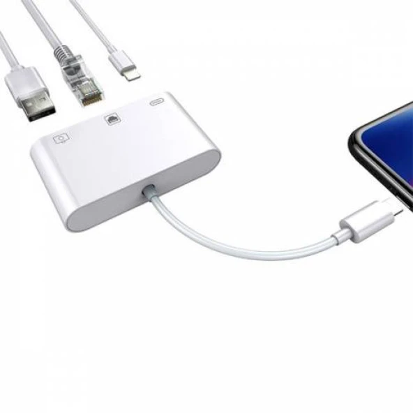 Coofbe Apple İpad ve İphone İçin İnternet, Şarj ve Kamera Dönüştürücü Kablosu, 3in1 RJ45 Adaptör - 5