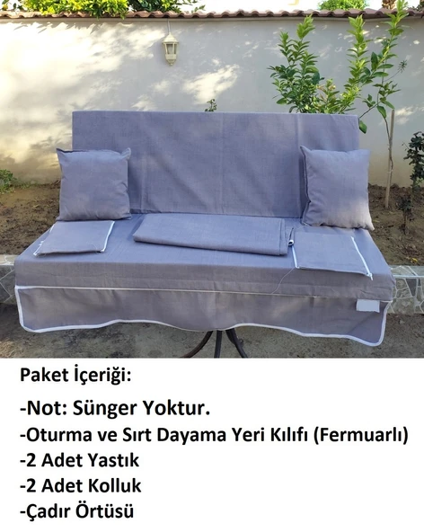 Mandaş Süngersiz 2 Kişilik Salıncak Minder Seti (Pamuklu Kumaş)-Gri - 3