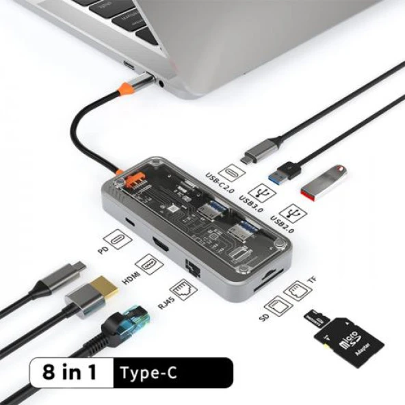 Coofbe Şeffaf 100w Pd 8in1 Multifoksiyonel Type-C Hub Type-C to RJ45 4K HDMI SD Kart USB Dönüştürücü