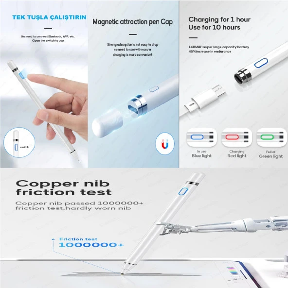 Stylus Kapasitif Dokunmatik Kalem Tüm Cihazlar Telefon ile Uyumlu Çizim Tasarım Tablet Kalemi - 12