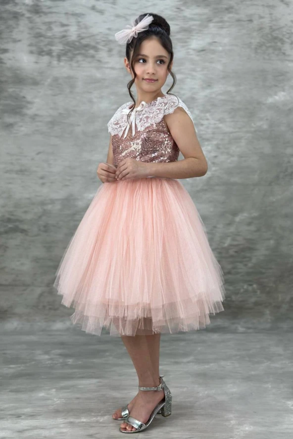 Kız Çocuk Pullu Dantel Yaka Tüllü Elbise - Resim 2