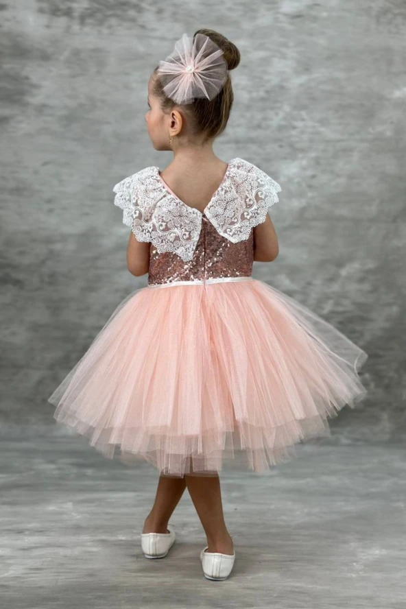 Kız Çocuk Pullu Dantel Yaka Tüllü Elbise - Resim 3