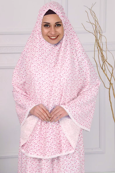%100 Pamuk İkili Takım Kolsuz Kırmızı Çiçekli Namaz Elbisesi - 2
