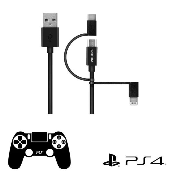 Philips Playstation 4 / 5 İle Uyumlu Joystick Şarj Kablosu MFI Apple Lisanslı 3in1 Micro Usb-Lightining-Type-C Hızlı Şarj ve Data Kablosu 2m Siyah DLC3106T