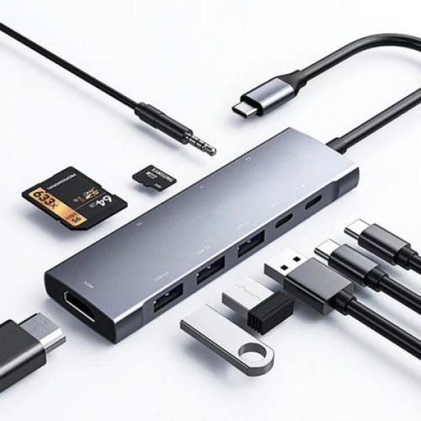 Coofbe 9in1 Type-C Hub Type-C to 4K 30hz HDMI 3.5mm TF USB 3.0 USB 2.0*2 SD TF Dönüştürücü Hub