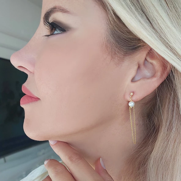 Vaoov 925 Ayar Gümüş Zincir Sallantılı İnci Küpe ürün görseli