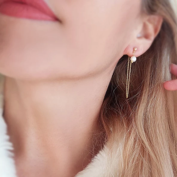 Vaoov 925 Ayar Gümüş Zincir Sallantılı İnci Küpe - Resim 4