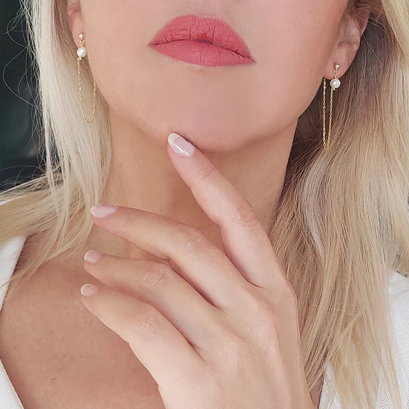 Vaoov 925 Ayar Gümüş Zincir Sallantılı İnci Küpe - Resim 6