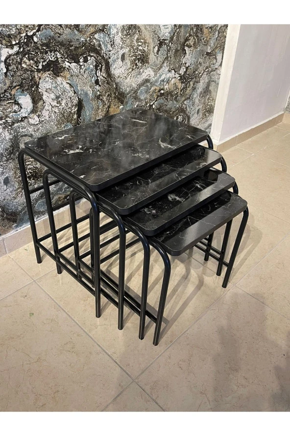 Aslanstore 4'Lü Metal Zigon Sehpa Siyah Mermer - 2