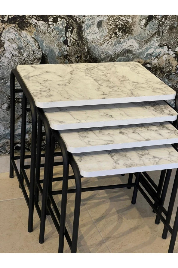 Aslanstore Metal Ayaklı Zigon Sehpa Siyah Metal Şase Beyaz Mermer Tabla - 2