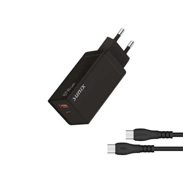 Sunix 67W USB-A ve USB-C Girişli Süper Hızlı Type-C  Şarj Aleti Seti Siyah S-65