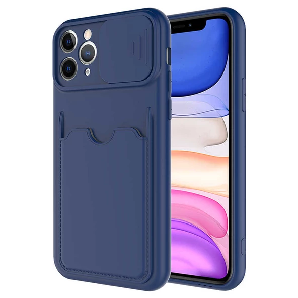 Apple iPhone 11 Pro Max Kılıf Kartlıklı Lens Kapatmalı Kapak