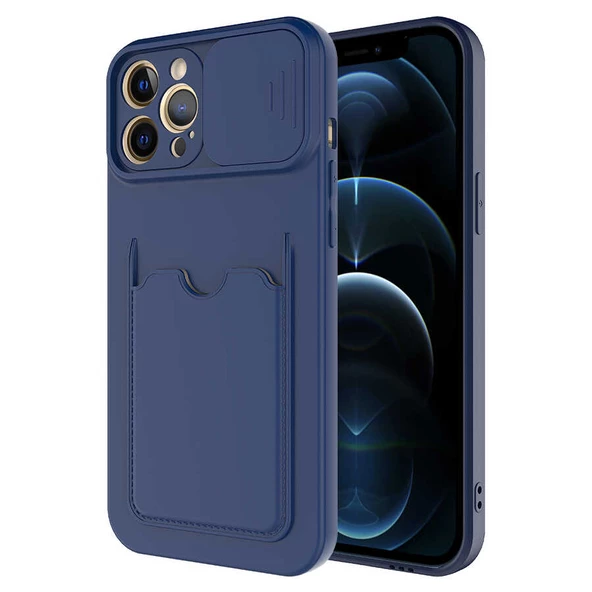 Apple iPhone 12 Pro Kılıf Kartlıklı Lens Kapatmalı Kapak - 9